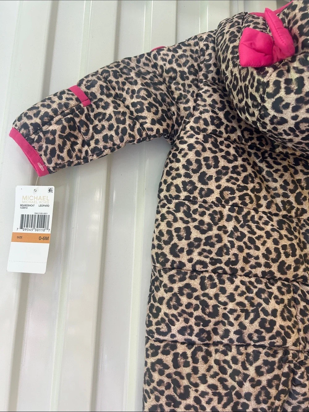 MICHAEL Michael Kors Leopard-Print Puffer One-Piece Pink Trim 0-6 M NWT